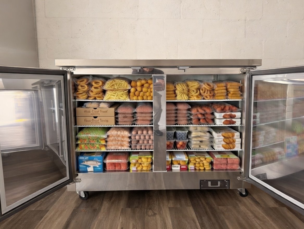 EK-UC48F undercounter freezer stocked with frozen products