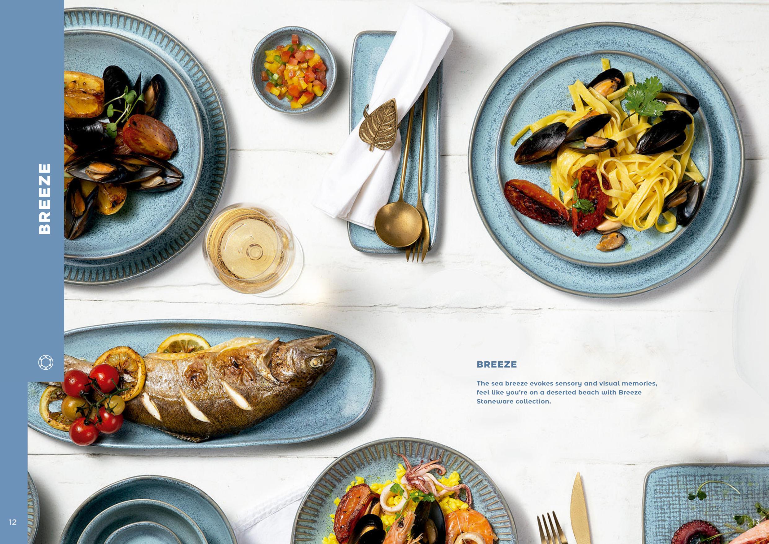 Breeze collection — coastal blue stoneware with seafood