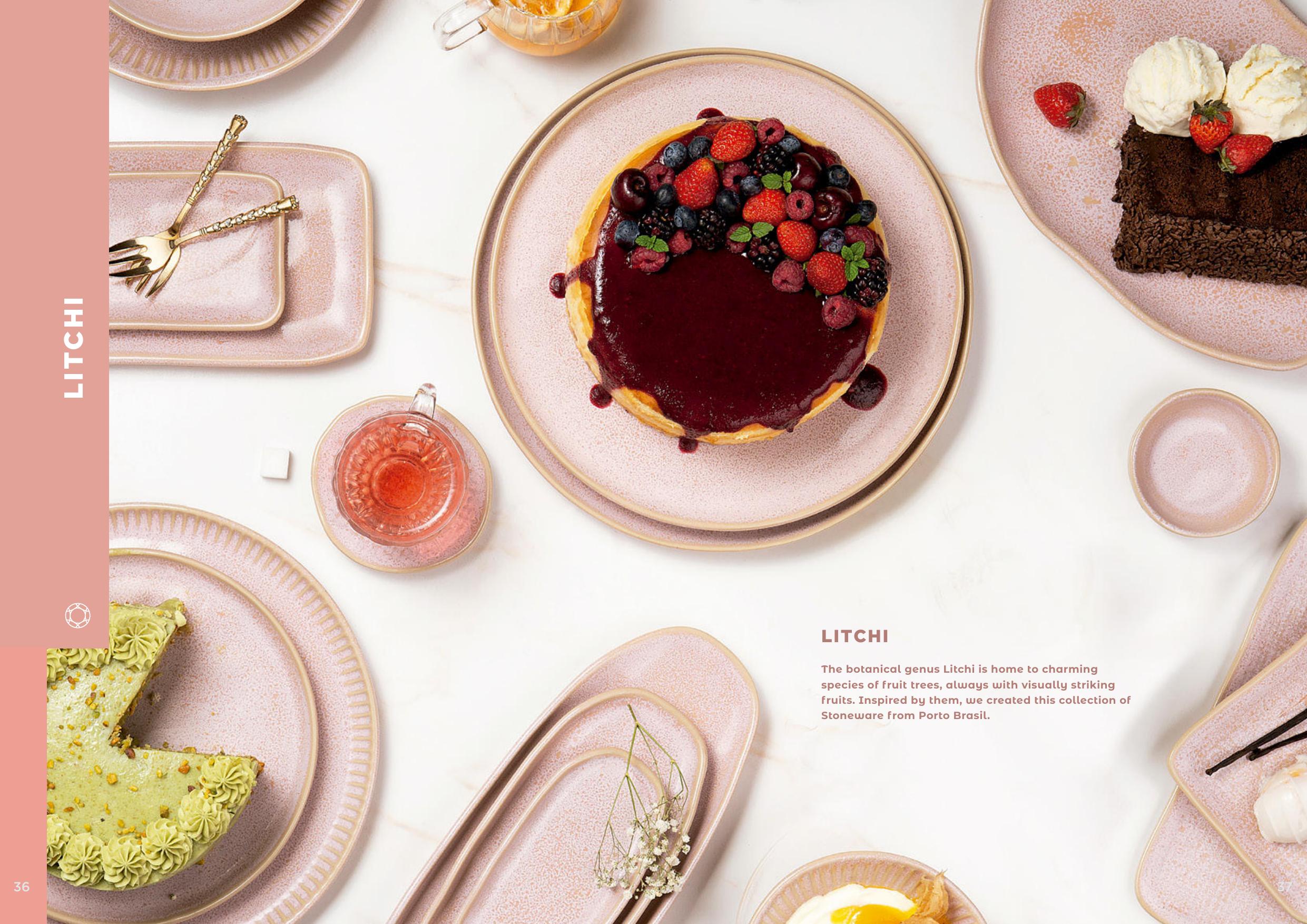 Litchi collection — blush pink stoneware with dessert